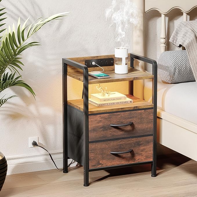 Lazzanto Nightstand with Rear Charging Station, LED Light, 2 Drawers, Brown | Industrial Nightstand, 2 USB-A Ports & AC Outlets, Raised Back Guard, Fabric Storage Drawers, Bedside Table for Bedroom, Dorm