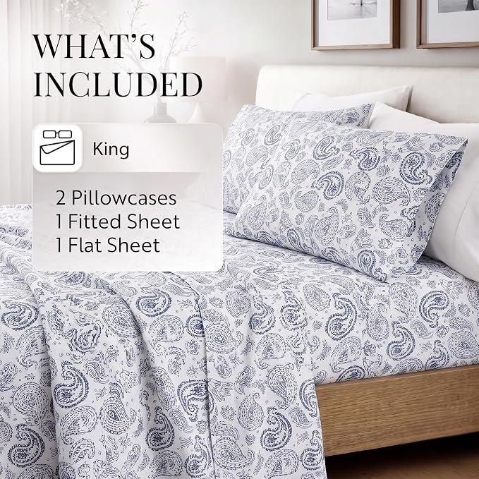 Linen Market Patterned Microfiber King Sheet Set 4 Piece – Oeko-TEX Certified Ultra Soft & Wrinkle-Free - 16" Deep Pocket Sheets - Easy Care King Size - Coarse Paisley Navy