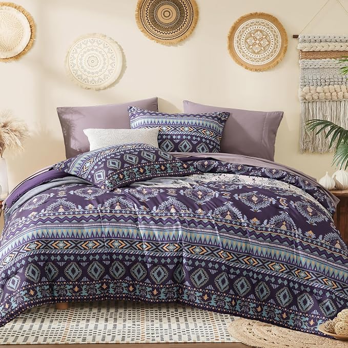 Queen Comforter Set - 7 Pieces Boho Bedding Set Aztec Bed in A Bag | Southwestern Bedding, All Season Tribal Bed Set with Comforter, Sheets, Pillowcases & Shams, Dark Purple