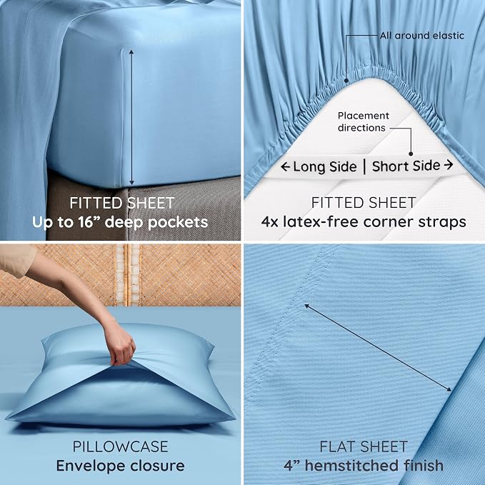 Bambaw 100% Viscose Derived from Bamboo Sheets King Size – 6pcs King Cooling Sheet Set, Luxury Sheets King Size Deep Pocket, Fits Up to 16'' Mattresses, Super Soft (Dream Blue)