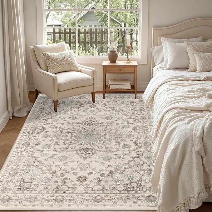3x5 Area Rugs Living Room: Washable Rug for Bedroom Brown Beige | Boho No Slip Stain Resistant Rug Soft Indoor Decor Floor Floral 3x5 Area Rugs for Dining Room, Nursery, Hallway, Home Office