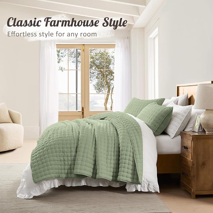 WDCOZY Sage Green Cloud Quilt Set Twin Size, Lightweight Soft Cross Stitch Bedspread, Farmhouse Rustic Country Coverlet, Spring Summer Thin Comforter, 2 Pieces, 1 Pillow Sham, 68x90 inches