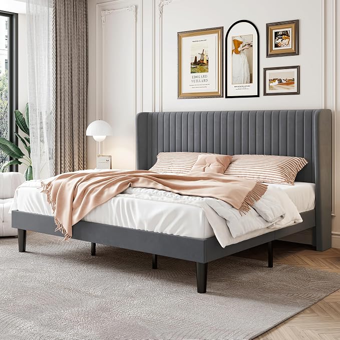 SHA CERLIN King Size Velvet Bed Frame, Tufted Wingback Headboard, Grey | 47'' Modern Vertical Channel Headboard, Upholstered Platform Bed, Wood Slats, No Box Spring Needed, Easy Assembly, Noise Free