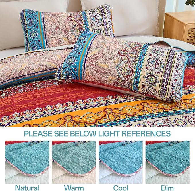 WONGS BEDDING Boho Quilt Queen Size,3 Pieces Blue Bedspread | Colorful Bohemian Striped Printed Bedding for All Season, Lightweight Microfiber Coverlet Set with 2 Pillowcases(96"x90")