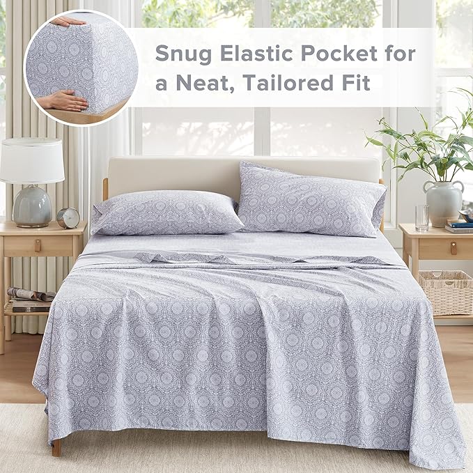 Comfort Spaces 100% Cotton Percale Sheets Twin Sheet Set 3 Pcs, Adelia Gray | Crisp, Cool & Breathable Bed Sheets, 12" Deep Pocket Fits Up to 14" Mattress, Lightweight, All Season Cozy, with Pillow Case