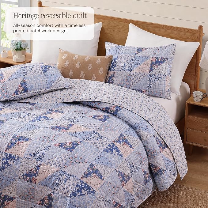 Queen Quilt Set-3 Pieces Soft Bedding Lightweight Floral Patchwork Coverlet | All Seasons Quilts Queen Size for Bed, 1 Quilt (90" x 94") and 2 Shams (20" x 26"), Vintage Bedspread, Blue Pink