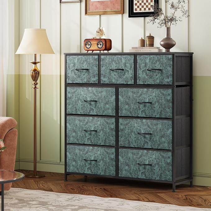 WLIVE Tall Dresser for Bedroom, 9 Drawer Chest of Drawers, Vintage Green | 9 roomy fabric drawers, Tall storage design, Bedroom or closet use, Sturdy steel frame, Smooth wood tabletop