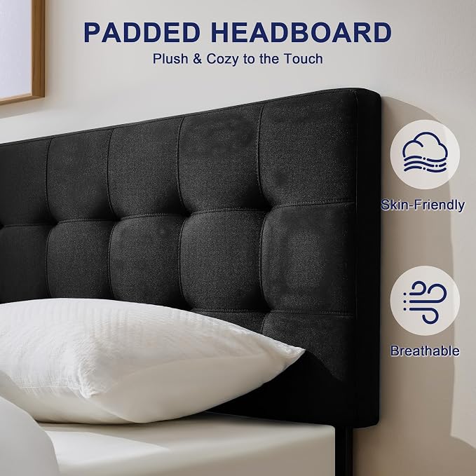 Linen Stitched Tufted King Headboard, Adjustable Height 37.2-42.3 in, Black | Wood Twin Headboard Only, Padded Support for Reading, Relaxing or Working in Bed, Stable Non-Slip Design, Fits Bed Frame