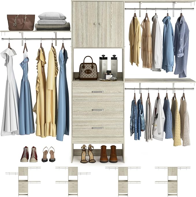 Armocity 96 Inches Closet System with Doors, 8FT Walk In Closet Organizer with 2 Shelving Towers, Heavy Duty Clothes Garment Rack with 3 Wood Drawers, 96"L x 16"W x 80"H, Max Load 1000 LBS, White Oak