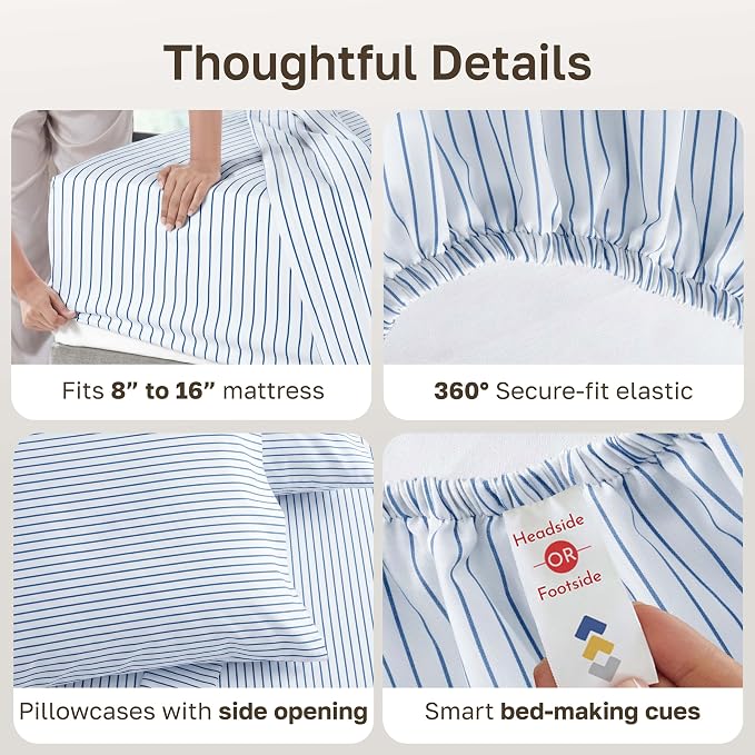 California Design Den 600 Thread Count California King Deep Pocket Sheets | 100% Cotton Sateen Backed by Good Housekeeping Seal, Soft & Smooth, 16" Deep Pocket, 4 Pc Set - Classic Blue Stripe Print
