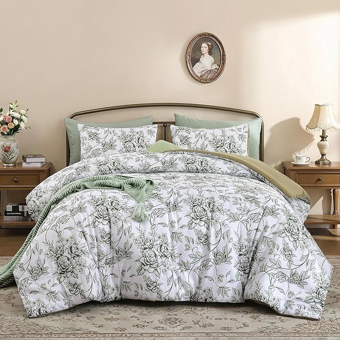 JANZAA Queen Size Comforter Set - Green Peony Floral Shabby Chic Bedding | 3 Piece Cute Floral Bedding for All Season, 1 Soft Fluffy Breathable Microfiber Comforter Set with 2 Pillowcases