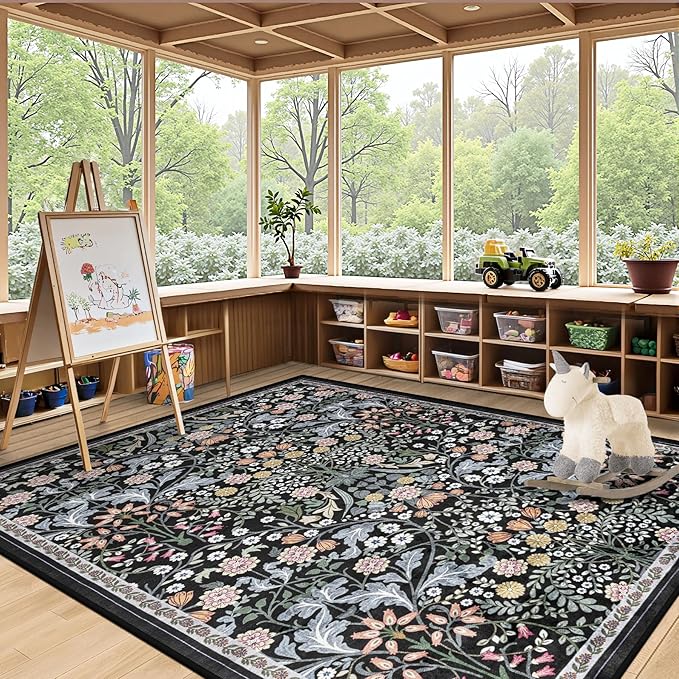PLHXFR 6x9 Area Rug Living Room: Floral Washable Boho Carpet Dark Black | For Bedroom Dining Room Farmhouse Nursery Hallway,Vintage Floral,Machine washable,Non Slip,Stain Resistant,Large Indoor