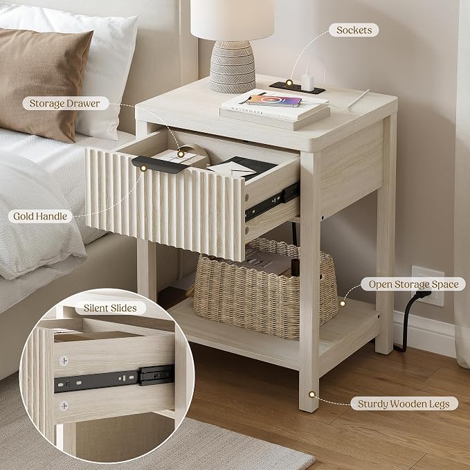 Night Stand Set 2, Fluted Wood Nightstands w/Charging Station for Bedroom | Grey White, Storage Drawer, Open Shelf, Metal Silent Rails, Round Corners, Modern Fluted Panel, Living Room, Bedside Table