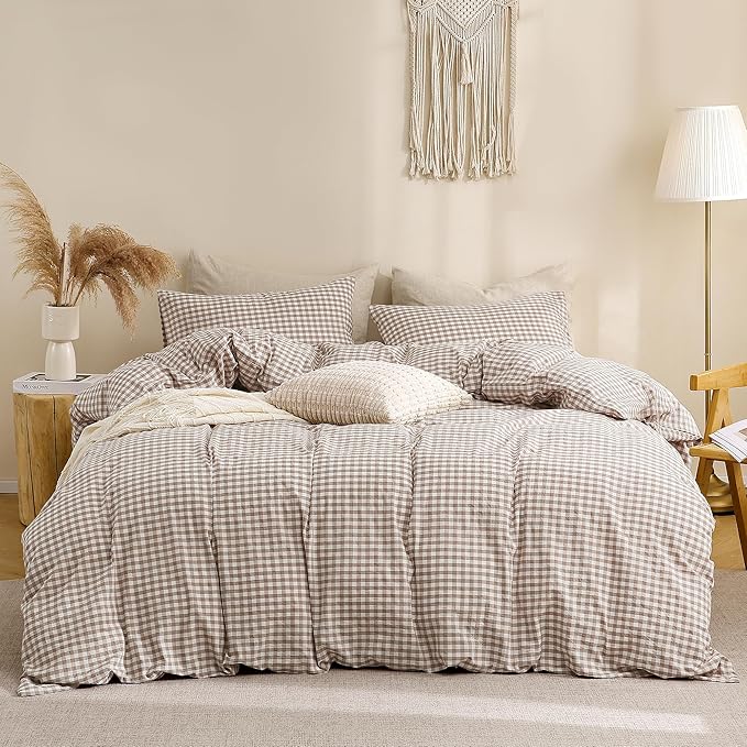 TOCOMOA Tan Gingham Duvet Cover Bedding Set Washed Cotton Like Linen, Twin | 100% Washed Cotton Linen-Like Feel Soft, Breathable & Comfy. Fall Vintage Farmhouse Decor, Zipper & 8 Ties. 2 Pcs, No Insert