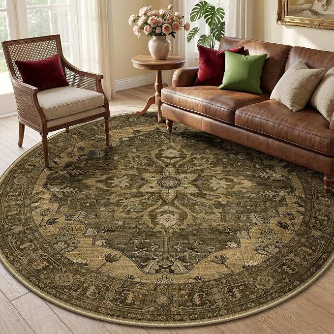 RELEANY Washable Area Rug, Round 6ft, Brown/Dark Brown | Non-Slip, Water Repellent, Pet Friendly, Easy to Clean, Vintage Floral Boho Decor for Living Room Bedroom Dining Room