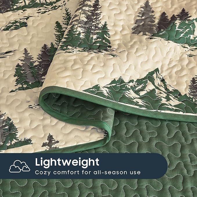Wake In Cloud - Rustic Quilt Set, Cabin Forest Woodland Camping Theme with Lodge Mountain Print, Reversible Lightweight Bedspread Coverlet, 3 Pieces, Green Brown, King Size
