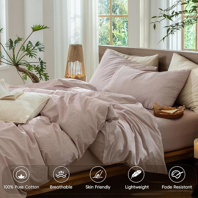 MooMee Striped Duvet Cover Set 100% Washed Cotton Linen Like Queen | Relaxed Linen-like Texture. Soft, Breathable & Long-lasting Comfort. Lightweight. Hidden Zipper with 8 Interior Corner Ties