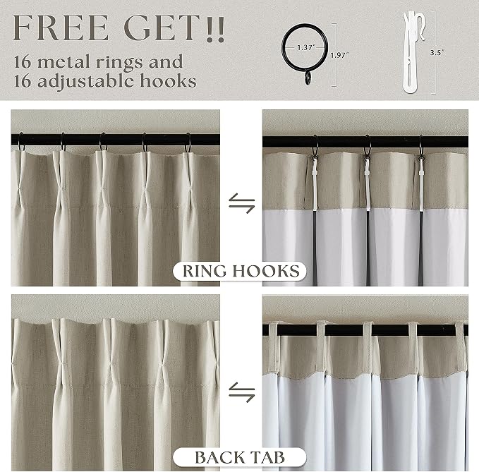 Oatmeal Pleated Linen 100% Blackout Curtains 90 Inches Long for Bedroom | Pinch Pleat Rings Hooks Back Tab, Black Out Thermal Insulated Room Darkening, Neutral Curtains with Liner, for Living Room