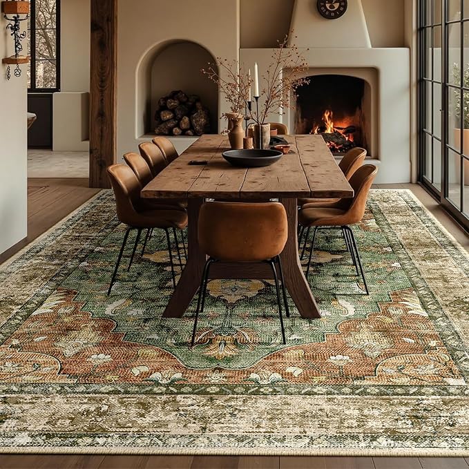 RELEANY Washable Area Rug, Large 10'x12', Brick/Brown/Green | Non-Slip, Water Repellent, Pet Friendly, Easy to Clean, Vintage Floral Boho Decor for Living Room Bedroom Dining Room
