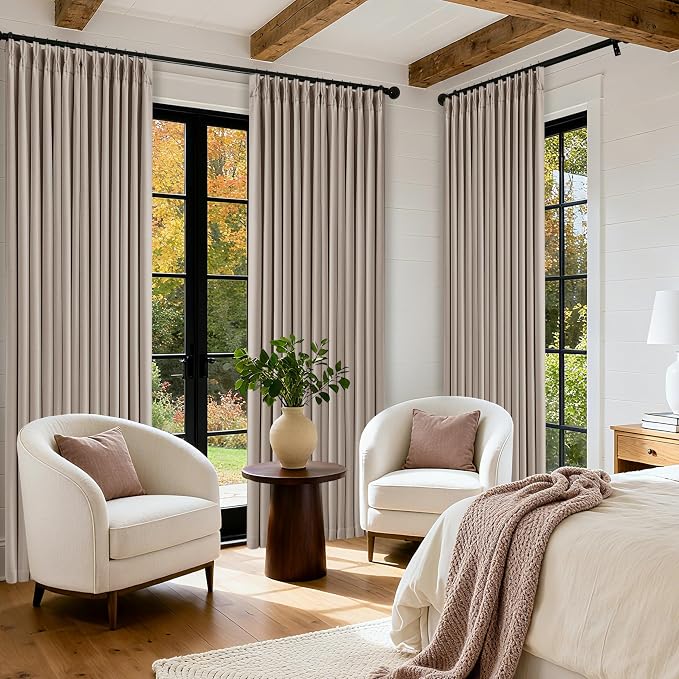 TWODRAPES Burlywood Birch 100% Blackout Linen 126 Inch Curtains 2 Panel Set | Linen Pinch Pleated, Thermal Insulated Heavy Curtain, for Living Room Bedroom Sliding Glass Door, Room Darkening Drapes