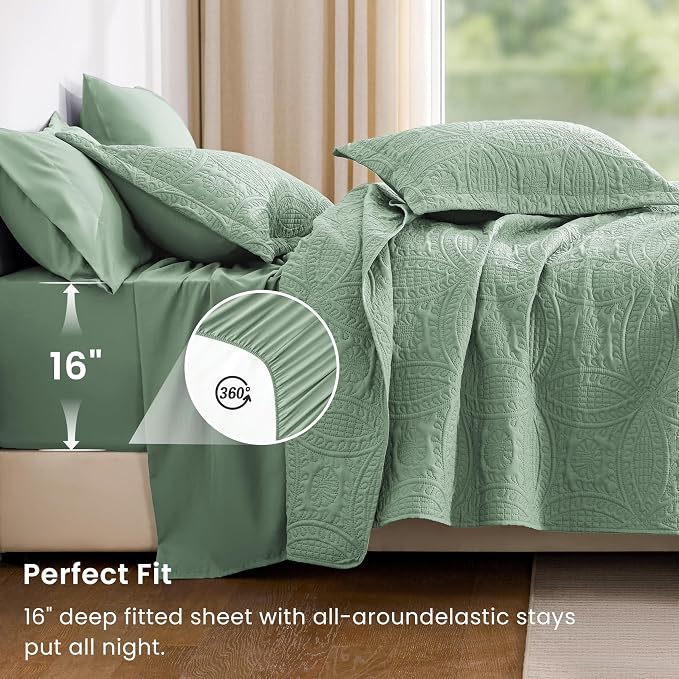 Love's cabin King Quilt Set Sage, Bed in a Bag King Size Bedding 7 Pieces, Ultrasonic Embossed Coin Pattern Comforter, Lightweight Bedspreads for All Seasons Quilt with Sheets, Pillowcases & Shams
