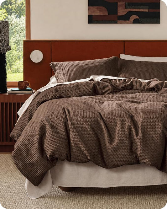 Bedsure PureWoven 3 Pieces 100% Cotton Waffle Duvet Cover Set, Queen, Brown | Waffle Weave Texture, Soft, Skin-Friendly, Breathable, All-Season, Machine Washable, Home Decor Gift, Good Housekeeping Seal