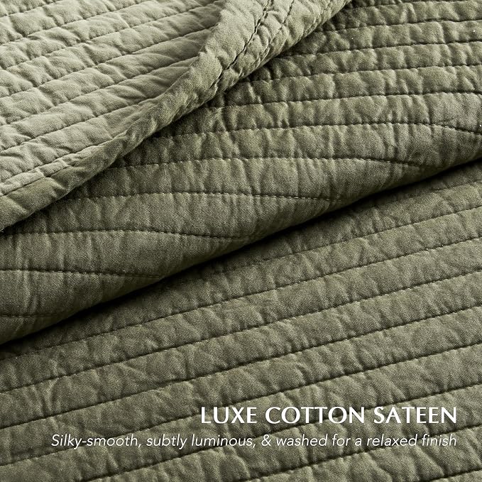 EVERGRACEHOME Cotton Sateen Quilt Set, King Size, Olive Green | 100% Cotton, Channel Stitch Coverlet Bedspread, Pre-Washed Lightweight Soft Bedding Set for All Season, 3 Piece, with 2 Shams
