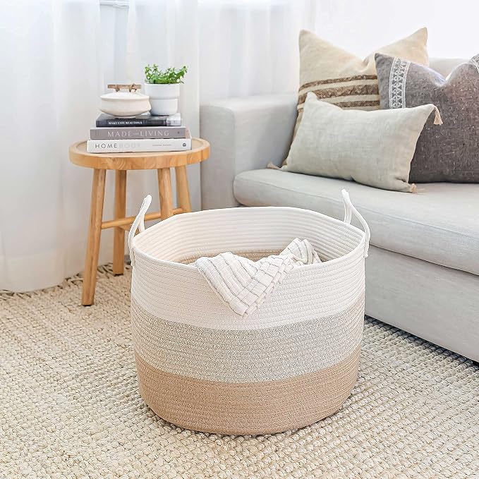 OrganiHaus Round Toy Basket & Blanket Basket, Cotton Rope 20x13" | 3-Toned Honey - Round Cotton Rope Basket, 20x13"