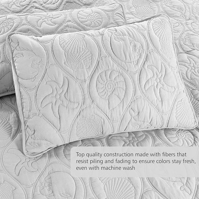Pure Bedding Quilt Set Full/Queen Size White - Oversized Bedspread - Soft Microfiber Coverlet for All Season - Includes 1 Quilt and 2 Shams, Ocean Star Pattern
