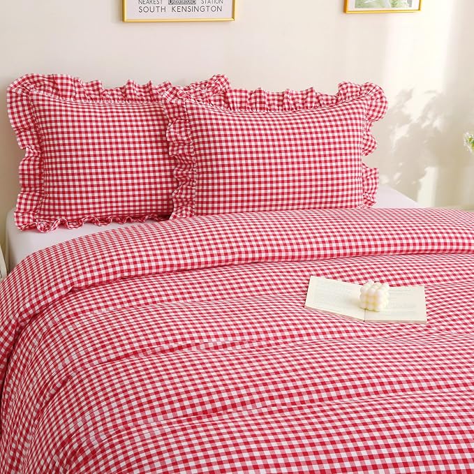 Silnuo Red/White Gingham Plaid Ruffle 3-Piece Duvet Cover Set Queen Size | 100% Washed Cotton Shabby Checkered Bedding Set Farmhouse Comforter Cover Set(Queen,Red)