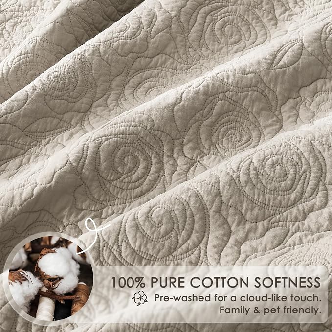 WDCOZY Beige 100% Cotton Quilt King Size Bedding Sets with 2 Pillow Shams, Floral Rosette Lightweight Bedspread Soft Farmhouse Patterned Coverlet Quilted Comforter Bed Cover for All Season, 3 Pieces