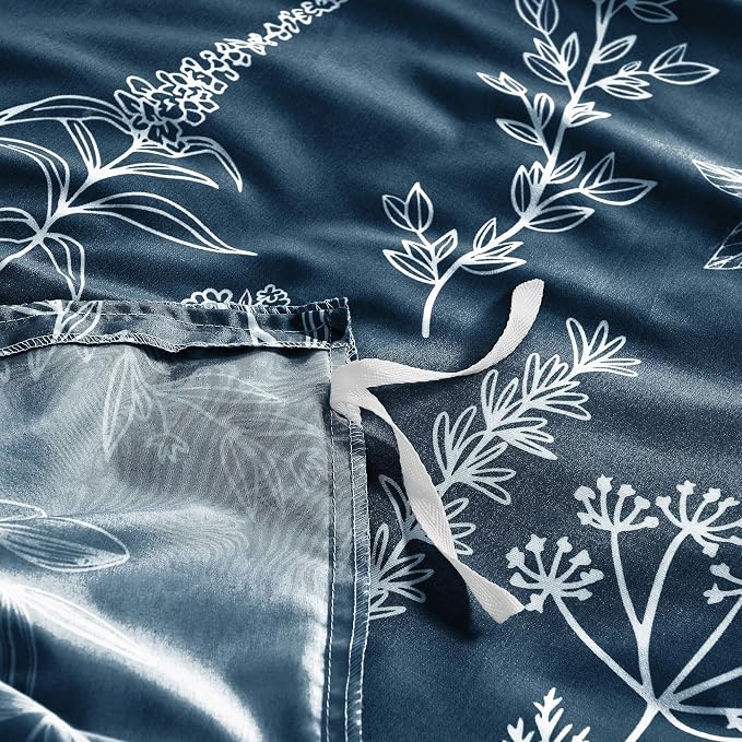 MUXHOMO Duvet Cover Twin/Twin XL Size Set, Reversible Floral Navy Duvet Cover with Zipper Closure, 2 Pieces Botanical Patterns Soft Microfiber Bedding Set with 4 Ties (68"x90", 1 Pillow Case)