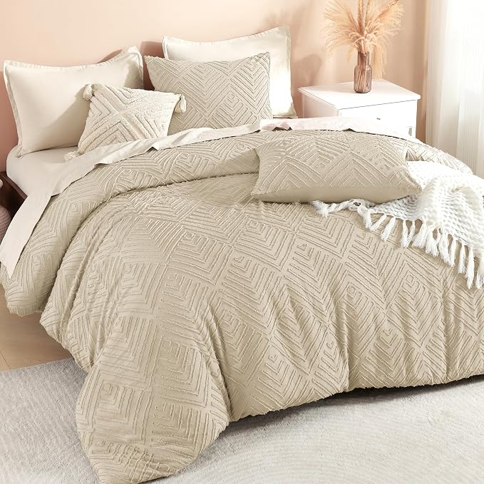 Litanika Queen Size Comforter Set, 3 Pieces Khaki Tufted Boho Bedding Set | Farmhouse Shabby Chic Vintage Bohemian Textured Aesthetic Soft Fluffy Lightweight Breathable All Season Bed Set for Queen Bed