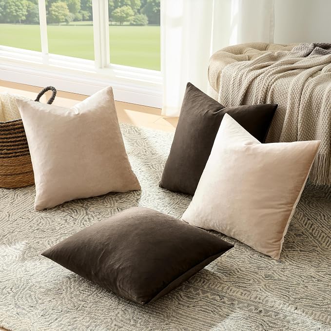 GIGIZAZA Pack of 4 Decorative Velvet Pillow Covers 20x20 Brown Beige | Throw Pillows for Couch Sofa,280gsm Soft Textured Fabric,Modern Accent Pillowcases,Luxury Living Room Cushion Covers