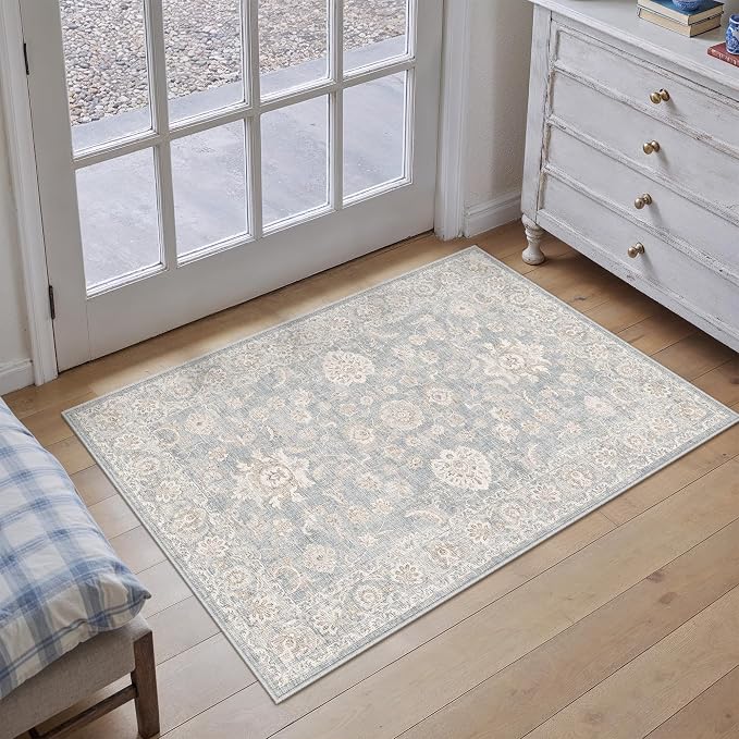 2x3 Blue Cream Neutral Area Rug | Washable, Vintage, Soft, Non Slip, Low Pile, Distressed, Door Mat for Entryway Entrance Bathroom Indoor Home Decor