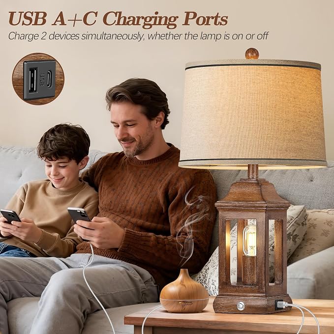 24" Rustic Farmhouse Table Lamps for Living Room Set of 2, Touch Dimmable Nightlight Vintage Bedside Lamps with USB A+C Ports & Dual Light Sources for Bedroom Nightstand End Table, Wood Grain