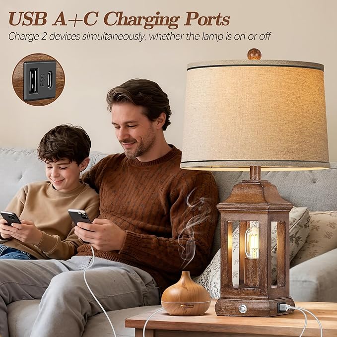 24" Rustic Farmhouse Table Lamps for Living Room, Single Pack Touch Dimmable Nightlight Vintage Bedside Lamps with USB A+C Ports & Dual Light Sources for Bedroom Nightstand End Table, Wood Grain