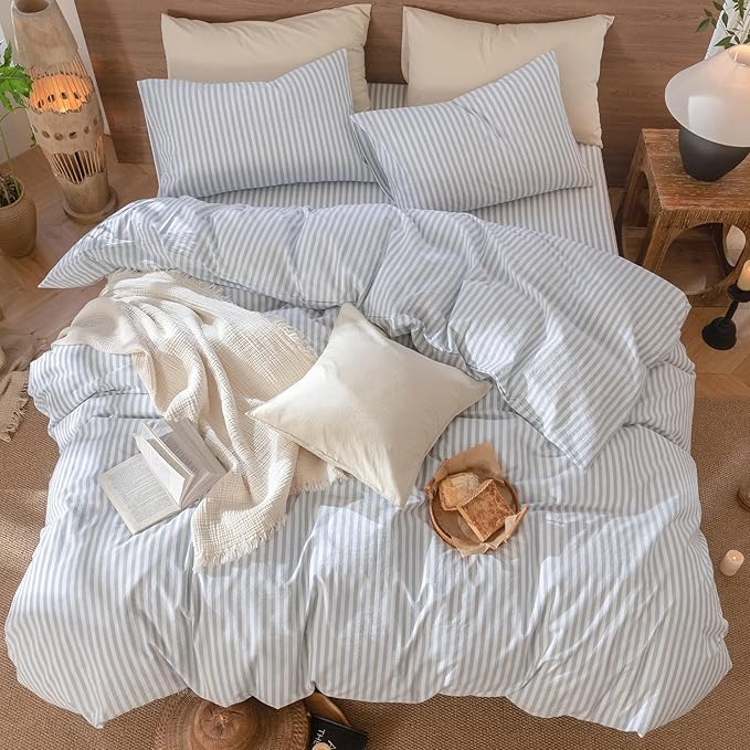 MooMee Striped Duvet Cover Set 100% Washed Cotton Linen Like | Relaxed Linen-like Texture. Soft, Breathable & Long-lasting Comfort. Lightweight. Hidden Zipper with 8 Interior Corner Ties