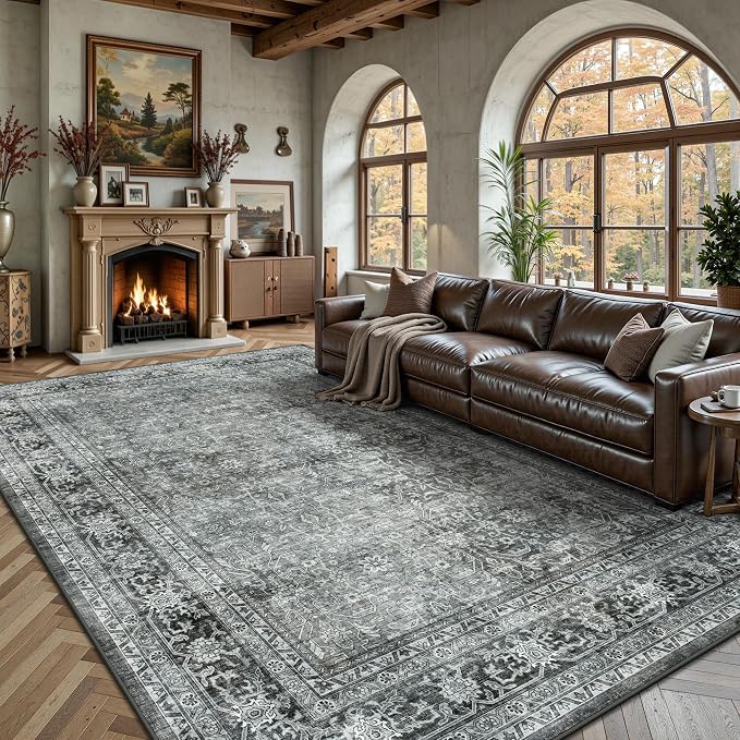 6x9 Area Rugs - Washable Vintage Retro Living Room Rug, Soft Ultra Thin Non Slip Low Pile Traditional Distressed Boho Carpet for Bedroom Dining Room Nursery Home Office, Black Grey