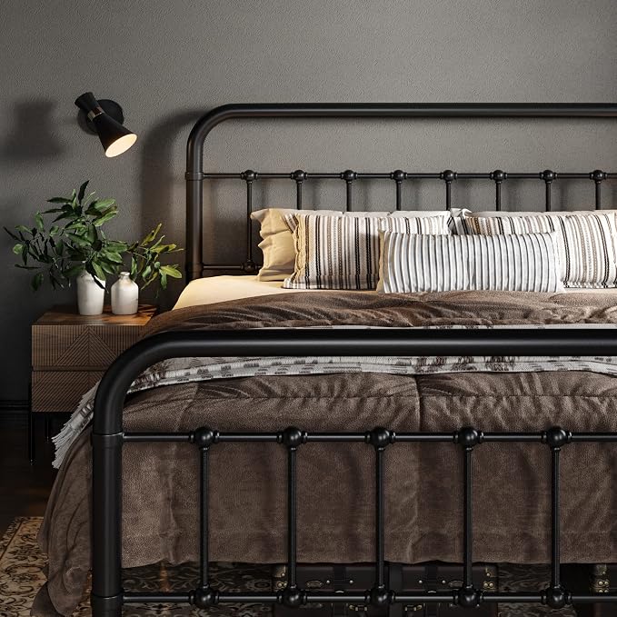 Allewie King Metal Bed Frame with Victorian Iron-Art Headboard, Black | Victorian Style Wrought Iron-Art Headboard/Footboard, Easy Assembly, Under Bed Storage, No Box Spring Required