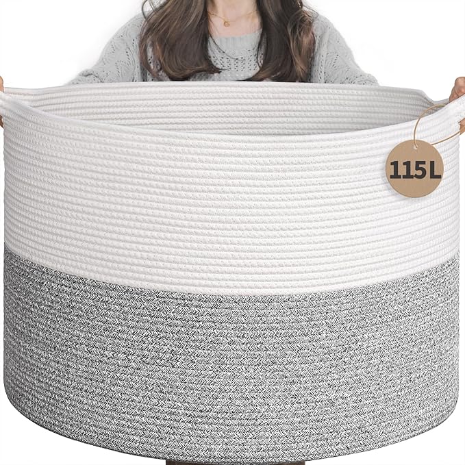 INDRESSME 115L Extra Large Woven Rope Blanket Basket Living Room Light Grey | 23.6" x 15.7" Storage baskets for toys laundry & pillows. Fits living room, bedroom or nursery décor. Soft-touch with handles
