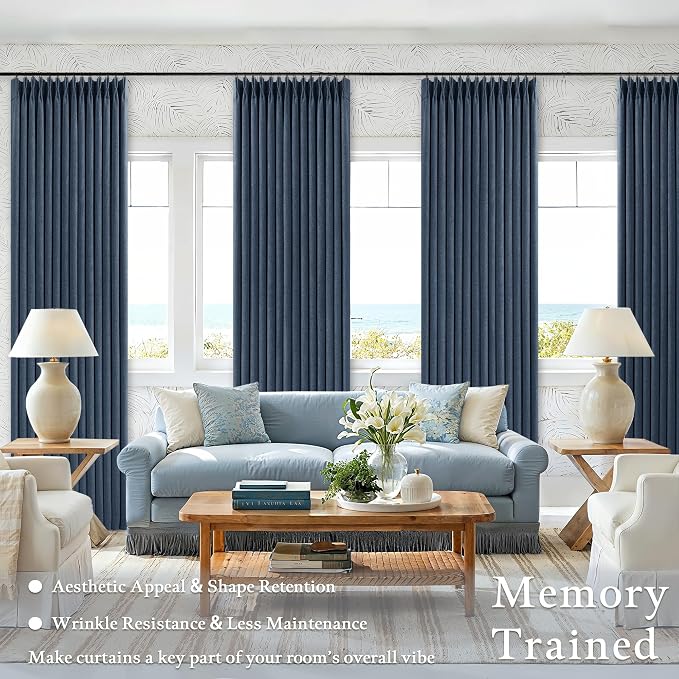 Navy Blue Pinch Pleated Linen Blend Full Blackout Curtains 86 Inch Length | Linen Blend Window Curtain with Liner, 100% Black Thermal Insulated, Pinch Pleat with Hooks Rings, for Living Room Bedroom
