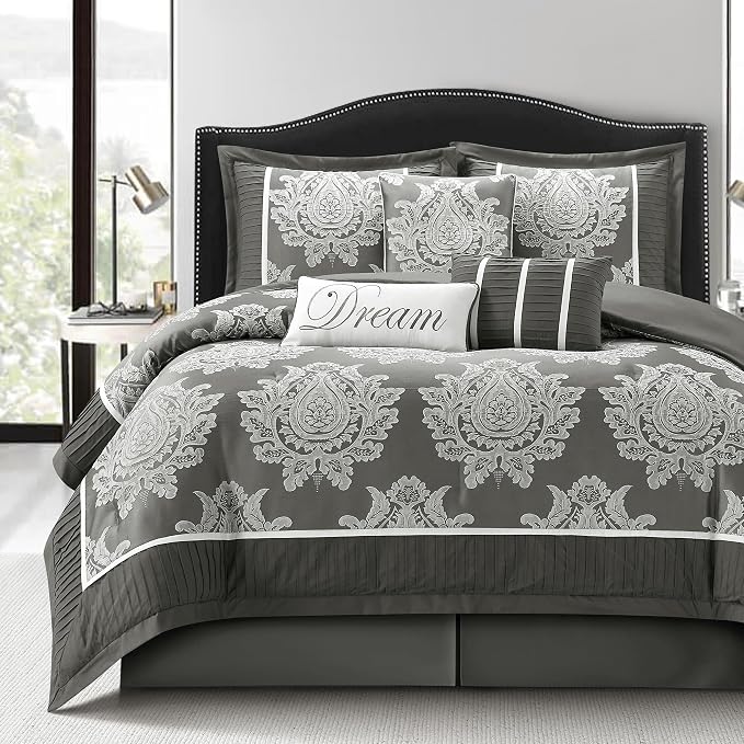 Grey Queen Comforter Set 7 Pieces, Jacquard Woven with Damask, Bedding Set in a Bag Includes Comforter, Bed Skirt, Pillow Shams, and Decorative Pillows