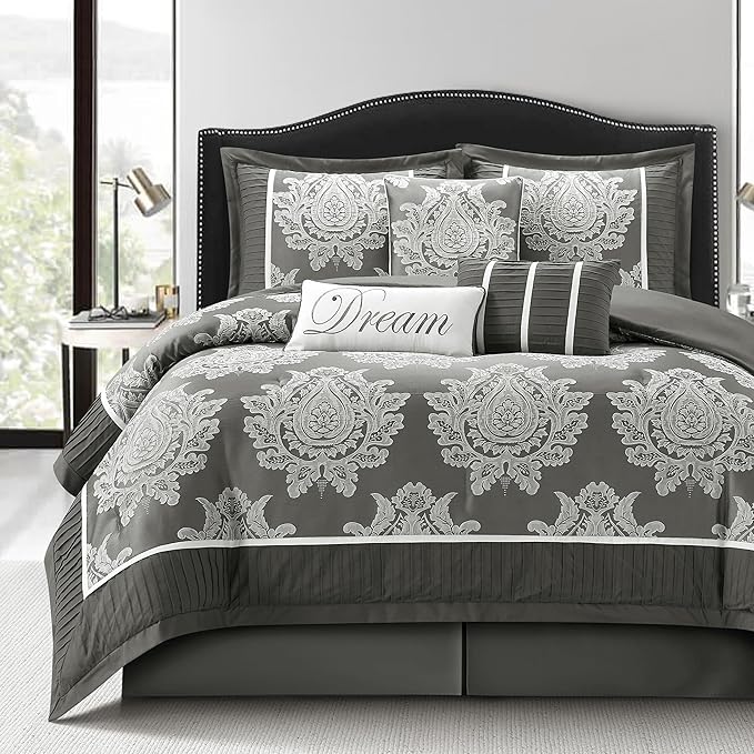 Grey California King Comforter Set 7 Pieces, Jacquard Woven with Damask, Bedding Set in a Bag Includes Comforter, Bed Skirt, Pillow Shams, and Decorative Pillows