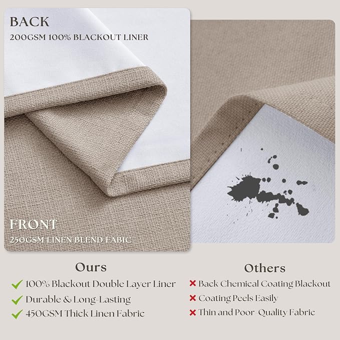 Burlywood Birch Linen Pinch Pleated 100% Blackout Curtains 90 Inch Length | Pinch Pleat Curtains, Black Out Blocking Room Darkening Drapes, Tan Brown Dark Flax, for Bedroom Living Room Window, W40xL90