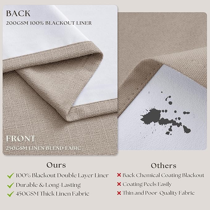 70 Inch Wide Blackout Curtains 90 Inches Long Pinch Pleated Burlywood Birch | Memory Trained, Linen Textured Two Layer, Thermal Insulated, Extra Wide Drapes for Bedroom Living Room Sliding Door, 1 Panel