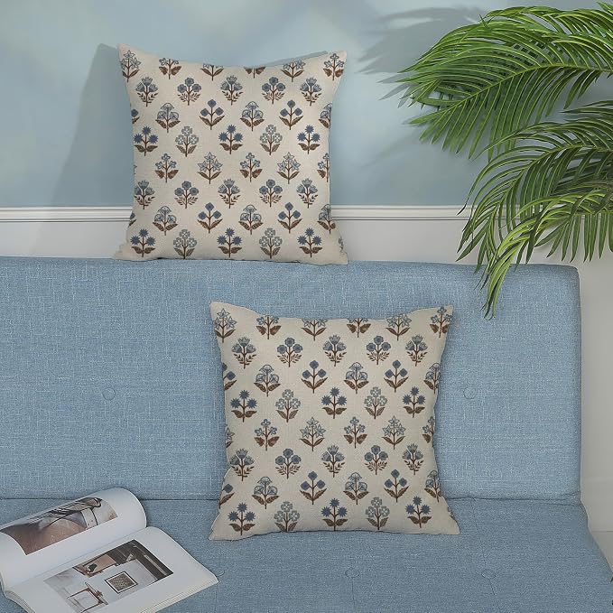Blue Brown Pillow Covers 16x16 Inch 2 Pcs Block Print Vintage Floral Decor Throw Pillows Boho Flower Spring Summer Outdoor Seasonal Decoration Pillowcase Linen Cushion Cover for Couch Sofa