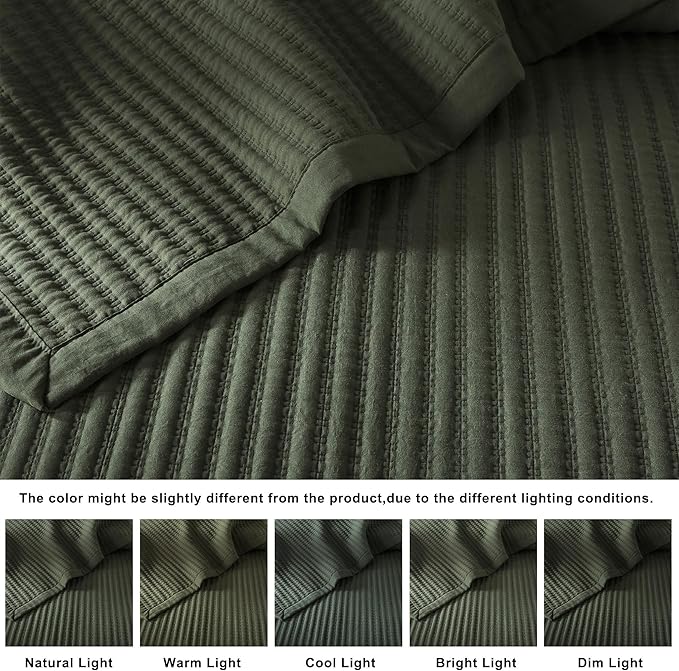 WDCOZY Olive Green Twin Size Quilt Set, Striped Pick Stitch Bedspread | Lightweight Soft Channel Coverlet, Spring Summer Thin Comforter, Farmhouse Rustic Country Bedding