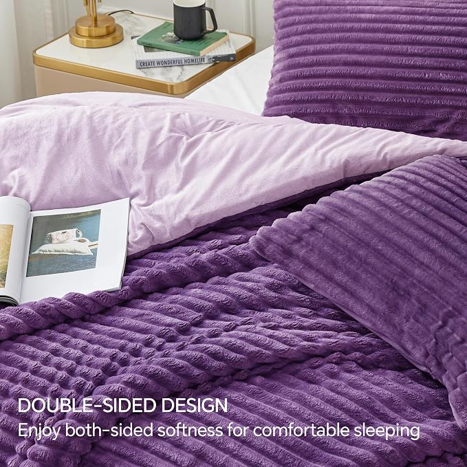 BEDELITE Fleece King Comforter Set, Fluffy Bed Set, Purple | Super Soft & Warm Bedding, Luxury Fuzzy Faux Fur Comforter for Winter, Heavy Plush Bedding, with 2 Pillowcases