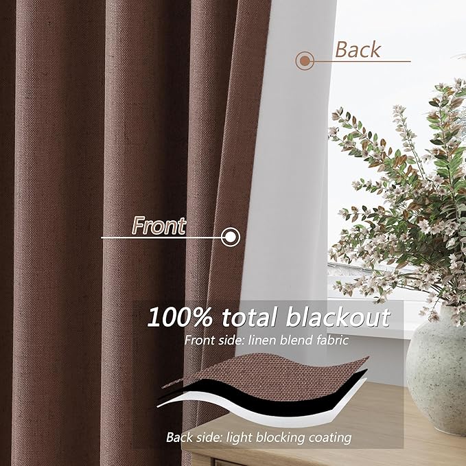 100% Blackout Curtains 96 Inch Length 2 Panels Set for Living Room Bedroom Back Tab Thermal Insulated Black Out Linen Drapes Room Darkening Cappuccino,52x96